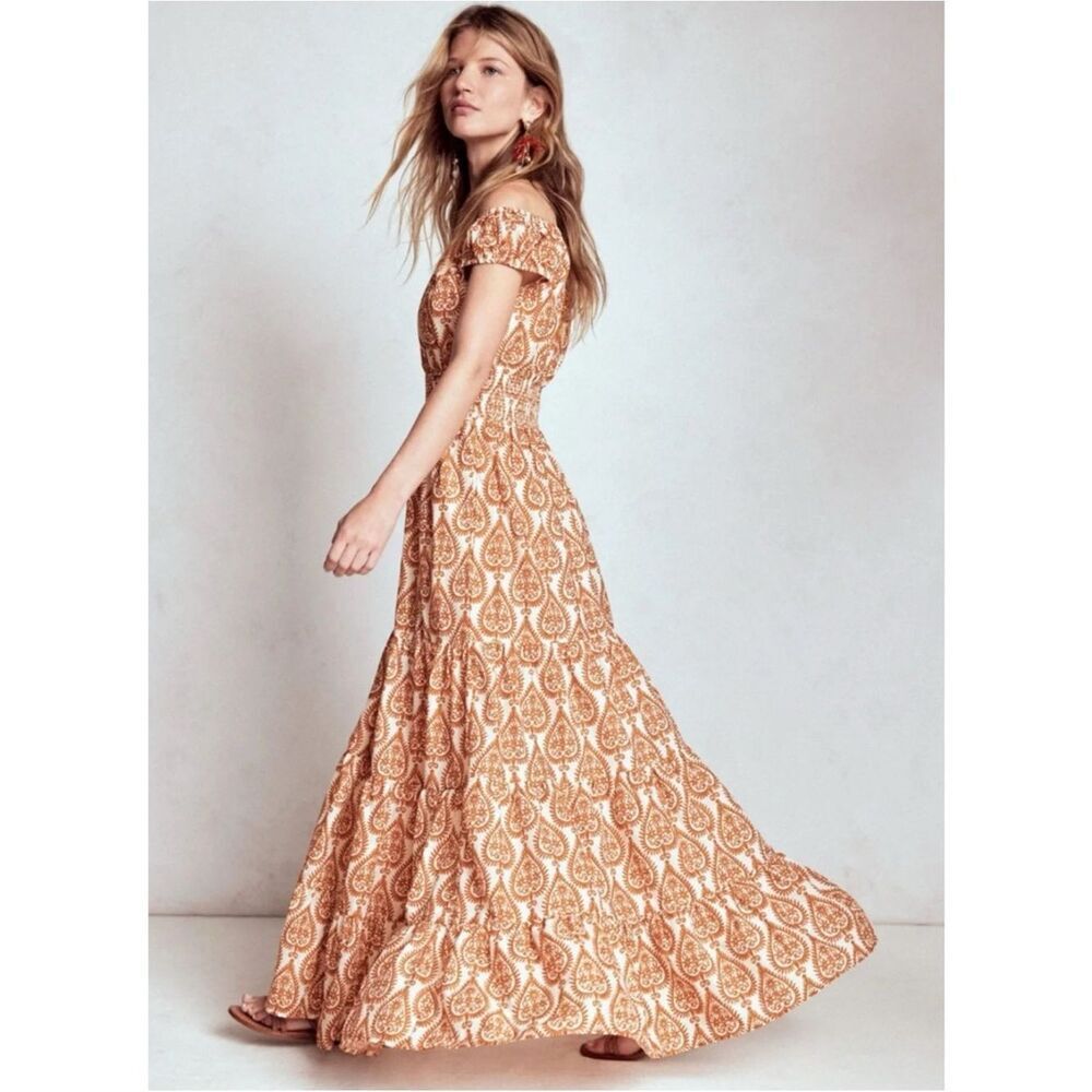 Boden Scoop Cotton Maxi Tiered Dress Cognac Ornate Geo Size 8P Boho Cottagecore